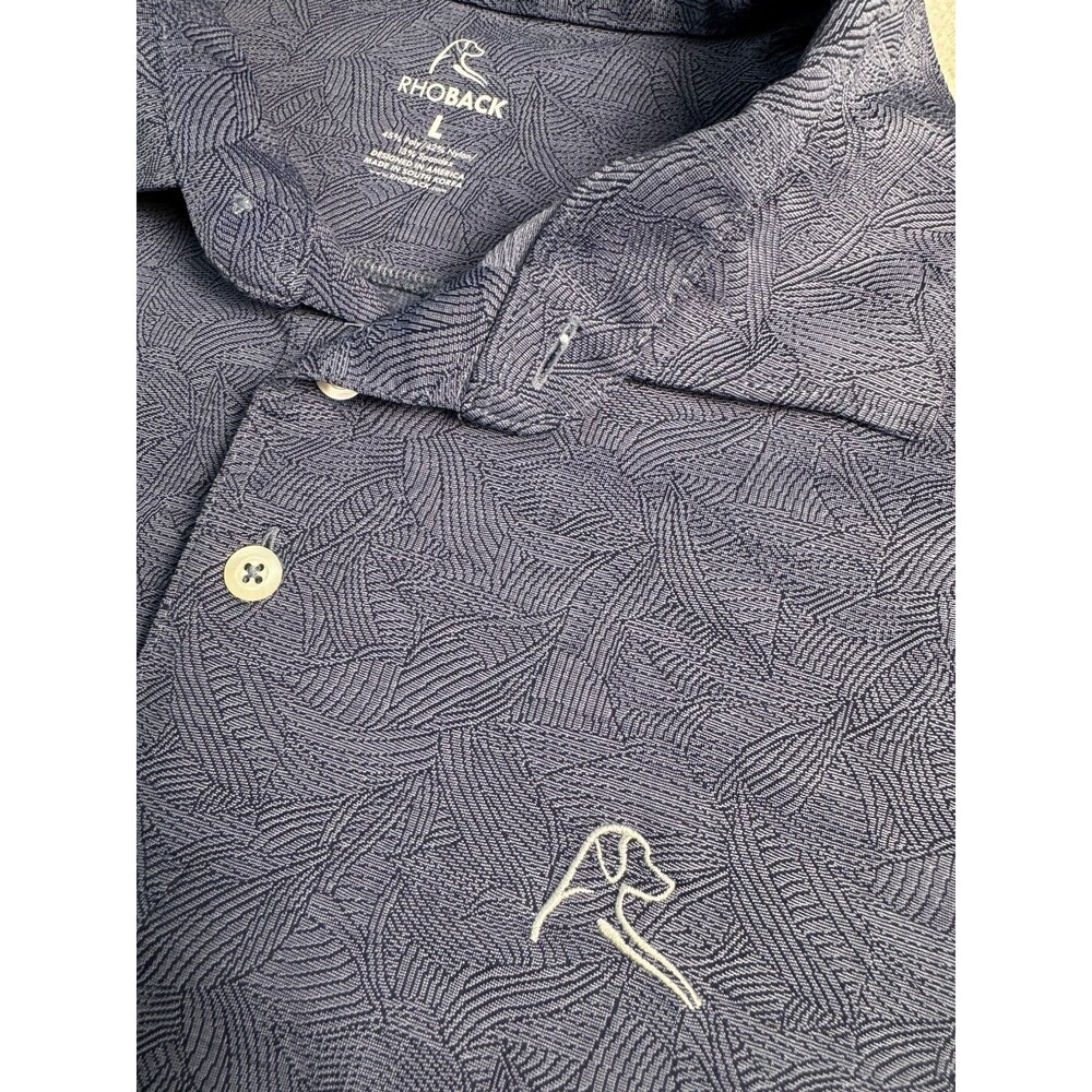 Rhoback Mens L Performance Polo Shirt Blue Leaf Pattern Golf Stretch Excellent